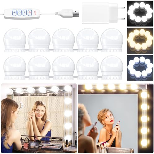 daphomeu LED Spiegelleuchte mit Adapter, 10 Dimmbar Hollywood Schminklicht | Hollywood Make-up Licht für Schminktisch & Kosmetikspiegel. Stufenlos dimmbare LED Spiegellampe für perfekte Beauty