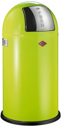 Wesco Pushboy Mülleimer in der Farbe lime grün, pulverbeschichtetes Stahlblech, 50 Liter Volumen, große Edelstahlklappe, herausnehmbarer Innenbehälter