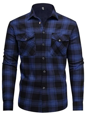 QIXING Chemise à carreaux en flanelle pour homme - Chemise d'hiver chaude à manches longues en polaire avec boutonnière - Chemise de bûcheron avec capuche, R noir et bleu, L