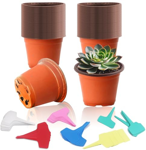 TAIHOBO Odlingskrukor, 11,3 cm blomkruka, 60 stycken växtkruka plast, blomkrukor med 60 stycken växtskyltar, växtkruka med hål för odling små krukväxter
