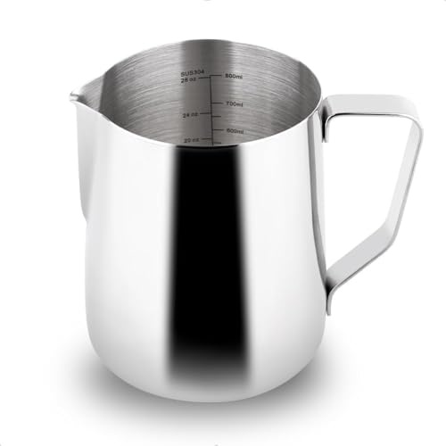 watchget Pichet mousseur à lait en acier inoxydable 900 ml, pichet à mousse à café pour machine à expresso, outils de barista avec marques de mesure, accessoires d'art latte, argent