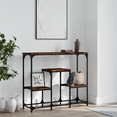 Higsose Flur Konsolentisch mit Ablagen 89,5x28x76 cm Möbel Beistelltisch Holz Wohnzimmertisch mit Ablagen Ausstellungstisch Multifunktionstisch Holzwerkstoff und Stahl Räuchereiche