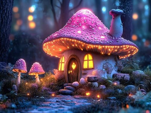 Paint by Numbers for Adults cabin, mushroom Painting by Numbers for Adults with Frame 17.7X23.6INCH Canvas Large, DIY Paint by Numbers Craft Kits for Adults UK, Home Room Wall Decor, Size 45X60CM