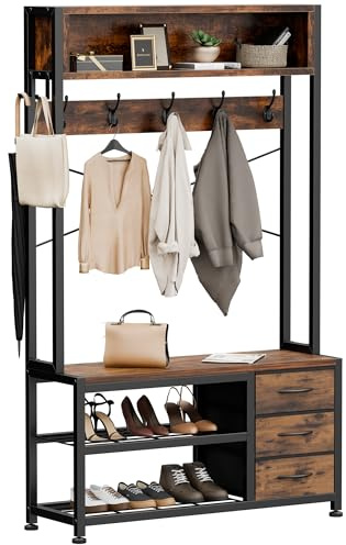 Garderobenständer mit Schuhablage und 3 Schubladen, Garderobe mit Sitzbank | Braun, 30T x 80B x 180H cm, 5 In 1, 12 Haken, 1 Ablagefläche, Metallrahmen, Coat Racks Freistehendes, Flur Eingänge