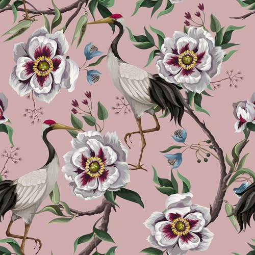 VEELIKE Tapete Blumen Staubige Rosa Fototapete Blumen Kran Vogel Tapete Schlafzimmer Wohnzimmer 44.5 cm x 300 cm Vintage Rosa Blumentapete Chinesischer Mustertapete Möbelfolie Selbstklebend Abnehmbar