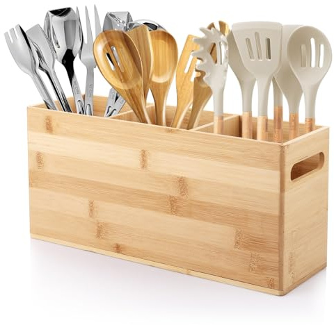 Oungy Wooden Utensil Holder, 3 Compartments Cutlery Holder with Handles, Bamboo Kitchen Utensil Holder Wood Kitchen Utensils Organiser