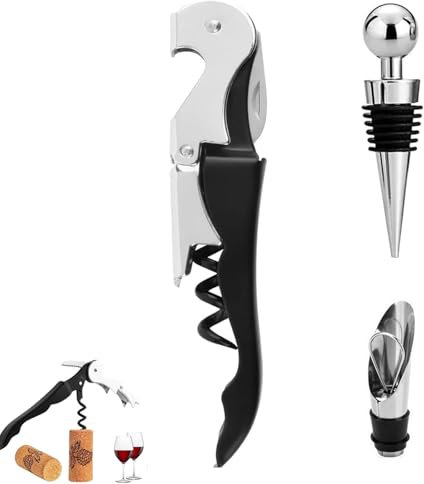 Korkenzieher mit Gießer und Stopfen, Kellnermesser, Weinöffner Set von 3 mit Folienschneider Bieröffner, Weinflaschenöffner für Sommeliers, Kellner und Barkeepers(Schwarz)