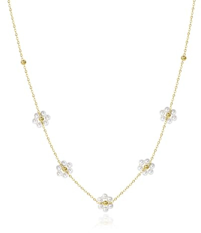 Candyfancy Gänseblümchen Kette Perlenkette Blumen Anhänger Choker Halskette für Damen Mädchen, 40+5 cm