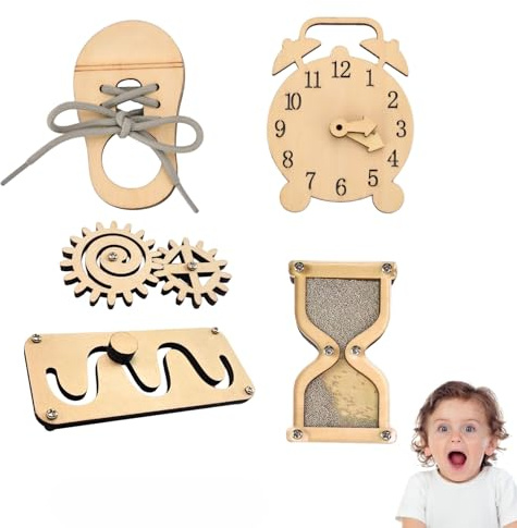 Busy Board Zubehör & Activity Board – 5-teiliges DIY Set für Eltern – Sensorikbrett Zubehör – Holz-Aktivitätsteile – Labyrinth, Lernuhr, Zahnrad, Sanduhr, Schuhe binden – Montessori Lernmaterial