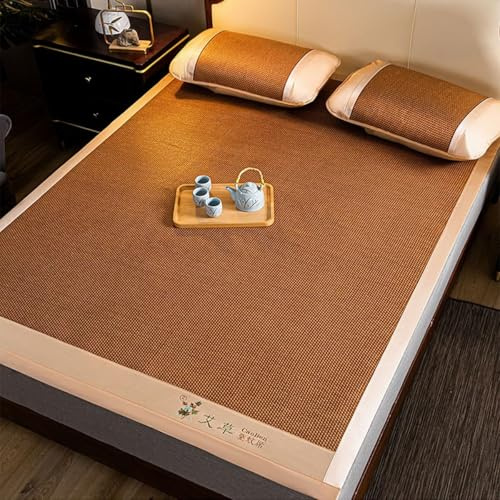 Estera De Bambú Plegable De Doble Cara para Cama,cubrecolchón De Colchoneta De Bambú De Verano,Alfombrilla De Enfriamiento De Ratán, Estera De Bambú Carbonizado TR, One Color, 200 * 220cm