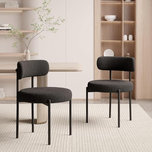 Hawthyhome Esszimmerstühle 2er Set Teddy Stoff Gepolstert Stuhl Schwarz | Runde Boucle Esszimmerstuhl,Mid-Century Stühle Esszimmer mit Metallbeinen und Rückenlehne für Esszimmer,Wohnzimmer, Büro