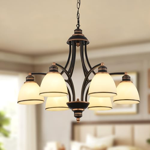Ganeed Candelabro vintage de granja acabado en bronce aceitado pantallas de vidrio altura ajustable iluminación colgante rústica para isla de cocina y sala de estar negro de 6 luces