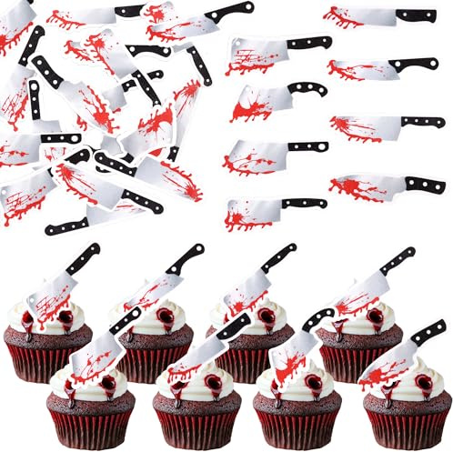 64 Stück Essbar Messer Tortendeko Waffelpapier Gruseliges Halloween Cupcake Toppers Essbar Blutiges Messer Kuchen Deko für Halloween Horror Thema Party Kuchen Dekorationen Silber Rot