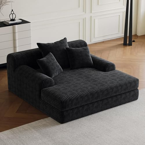 Bueuwe Modernes Cord Bodensofa mit Schlaffunktion und Chaiselongue, Cloud Sofa mit 3 Kissen, Bequeme Sitzlandschaft für Wohnzimmer in Schwarz, Ohne Montage
