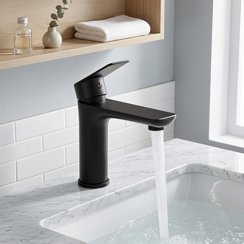 Black Bathroom Sink Tap 304 Stainless Steel Mono Basin Mixer with Single Lever Water Saving Aerator and Leak-Free Ceramic Valve for 1-Hole Installation with 60cm G1/2 Hoses