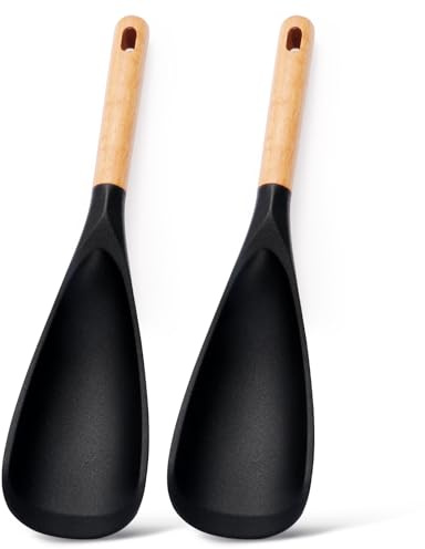 2 Pack Silicone Cooking Spoon Spatula, Multi Function Wooden Handle Spoonula for Stirring Serving Mixing, Non Scratch Kitchen Tool for Nonstick Pots Pans, Flexible Spurtle Scraper. (2)