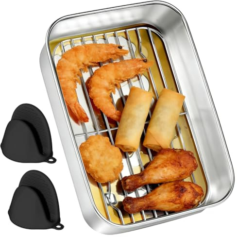 Pirofila in acciaio inox per friggitrice e friggitrice ad aria calda – con griglia scolapiatti, coperchio e manici resistenti al calore, robusta pirofila grande, adatta per Ninja & Cosori Airfryer