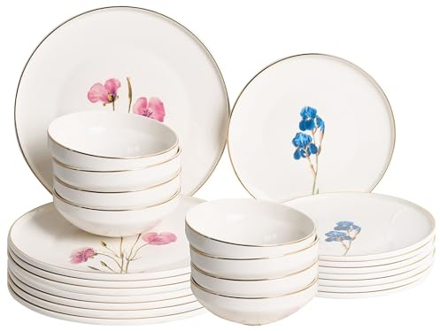 Set da 24 stoviglie piatti piani, scodelle e piatti da dessert in porcellana con motivo floreale multicolore e finitura smaltata, colore bianco issopo