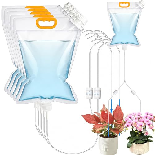 5 sacchetti di irrigazione a goccia da 5 l, sistema di irrigazione automatico in plastica, dispositivo di irrigazione per piante da appartamento (5, due valvole di controllo)