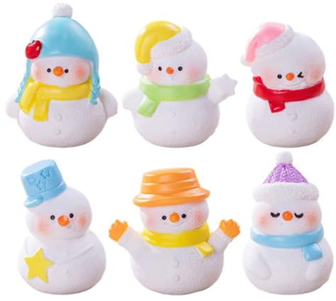 OSALADI 6 st små snögubbefigurer, blandade julmönster: snögubbedekor i harts för fönsterbräda, presentförpackning, festgåvor och miniatyrmodellering