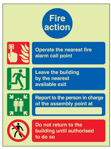 VSafety englisches Schild „Fire Action“, leuchtet im Dunkeln, Hinweisschild, 150 x 200 mm, Selbstklebendes Vinyl