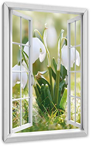 Pixxprint Schneeglöckchen, Fenster, Größe: 80x60cm, Leinwandbild, fertig gespannt, Wandbild, Dekoration, Kunstdruck, kein Poster