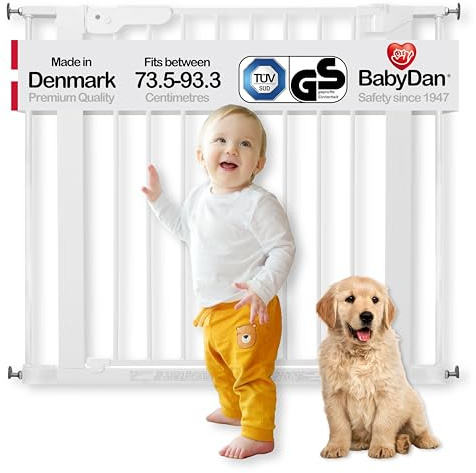 BabyDan Premier, Ohne bohren Treppenschutzgitter, 73,5-93,3 cm, Baby-,Sicherheitsgitter, Metall, Weiß, Hergestellt in Dänemark - (Haustiergitter,Hundegitter)