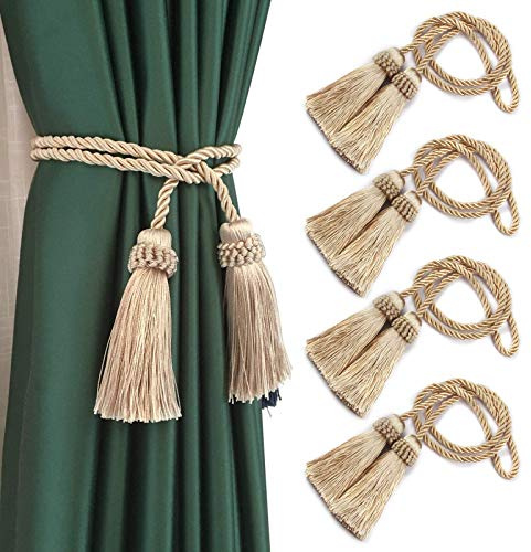 Fenghuangwu 2/4-pack gardinbindningar handgjorda dekorativa gardinhållningar rep med tofs (beige – 4P)