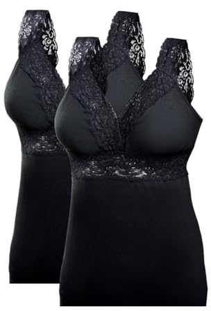 Toker Collection Damen Unterhemd BH Hemd ohne Bügel mit weicher elastischer Spitze im 2er Pack aus Reiner Baumwolle, mit elastischer Spitze (DE/NL/SE/PL, Numerisch, 48, 50, Regular, Regular, Schwarz)
