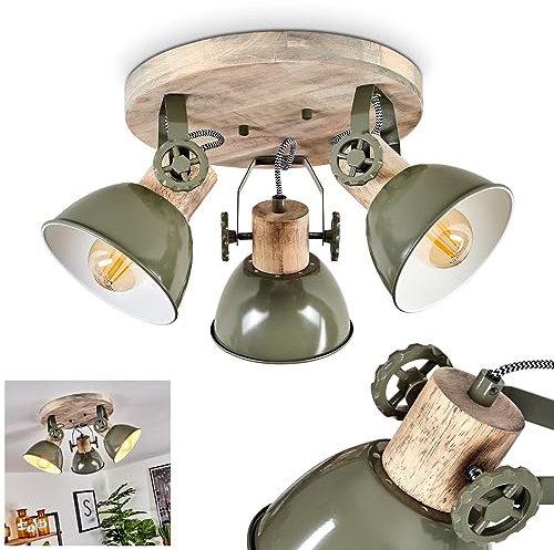 HOFSTEIN Deckenleuchte Orny, verstellbare Deckenlampe aus Metall/Holz in Grün/Weiß/Naturfarben, moderne Leuchte im Industrial/Retro/Vintage-Design, 3 x E27, Wohnzimmer, Esszimmer, Schlafzimmer, Küche