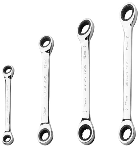 Jetech 4 pcs Double Box End Ratcheting Wrench Set - 72 Tooth Ratchet Gear Spanner Tools CR-V Heavy Duty Gear Spanner for Repairs 8mm x 10mm, 12mm x 13mm, 16mm x 18mm, 17mm x 19mm