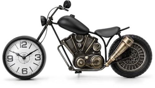 Vintage-Schreibtischuhr, Tischuhr, Motorrad-Geschenke für Männer, rustikale Bauernhaus-Dekoration, Geschenke für Vater, Ihn, Freund, batteriebetrieben, kein Ticken, antik für Kaminsims, Büro, Schwarz