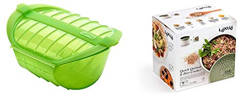 Lékué Estuche hondo XL para el microondas, capacidad de 1000 ml, para 3-4 personas, color verde + Recipiente para cocinar Quinoa, Arroces y Cereales, 1 Litro