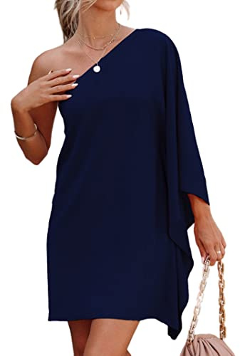 Jhsnjnr Womens Off Shoulder Bat Sleeve Going Out Dress Casual Cape Sleeve Going Out Midi Dress Navy Blue