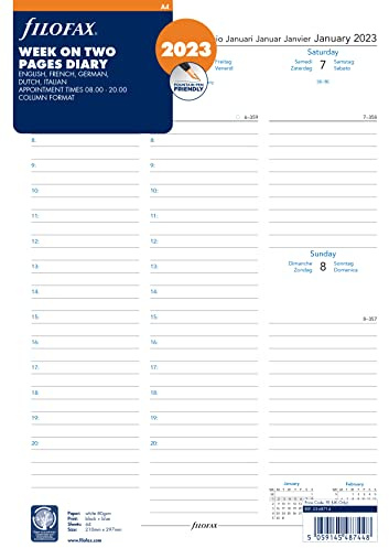 Filofax A4 1 Woche auf 2 Seiten (mehrsprachig)2023 23-68714 White