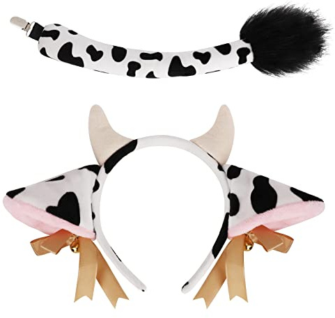 XEPST Kuh Kostüm Set - Cattle Stirnband Mit Glocken, Plüsch Schwanz für Tier Cosplay Haarband - Zubehör für Tier Thema Geburtstag Halloween Party