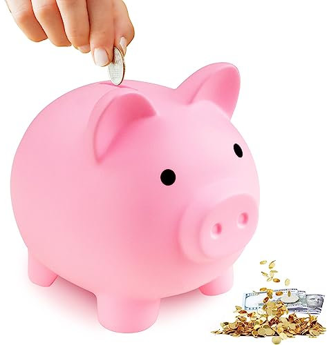 CJBIN Sparschwein Rosa für Kinder - Unzerbrechliche Spardose aus Plastik für Mädchen und Jungen - Praktisches Geschenk zum Geburtstag - 12 x 14,5 x 13,5 cm