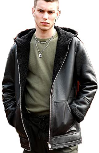 Denny&Dora Herren Shearling Jacke Lammfellmantel Mit Kapuze Mittellanger Stil Schwarz Winterjacke (as3, alpha, l, regular, regular, Schwarz)