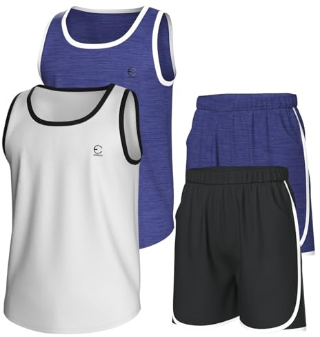 Essenclo pojkar kläder set, atletisk rund hals ärmlös t-shirt och pojkar korta set kläder med fickor 4 st - storlek 3-16, Set-3, 11-12
