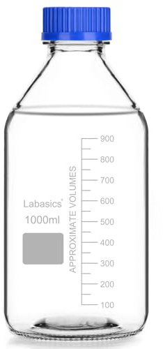 Labasics Runden Medien Aufbewahrungsflaschen mit GL45 Blauer Schraubverschluss, Glas Klar Weithals Graduiert Runde Laborglasflasche zur Aufbewahrung von Reagenzmedien, 1000 ml