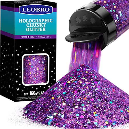 LEOBRO Violetter Glitzer, 160 g, holografischer grober Glitzer für Handwerk, Harz, Make-up und Trinkgläser