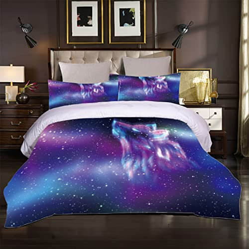 Bettwäsche 135X200Cm 3 Teilig 3D Lila Sternwolf Druck Bettbezug Set, Baby Bettwäsche Weiche Flauschige Hypoallergen Mikrofaser Bettbezüge Mit Reißverschluss Und 2 Kopfkissenbezug