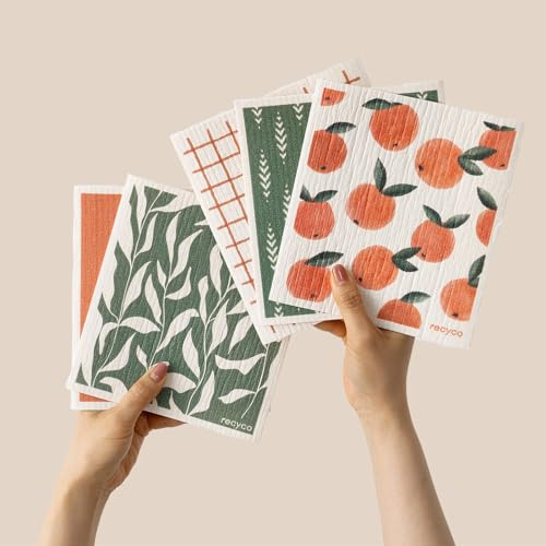 RECYCO Swedish Dishcloths for Kitchen | 5 Pack Peachy Leaves Washable Dish Rags | Cellulose Reusable Cleaning Paper Towels | Absorbent Counter Dish Cloth Sponge Kitchen Wipes, 8 L x 7 W