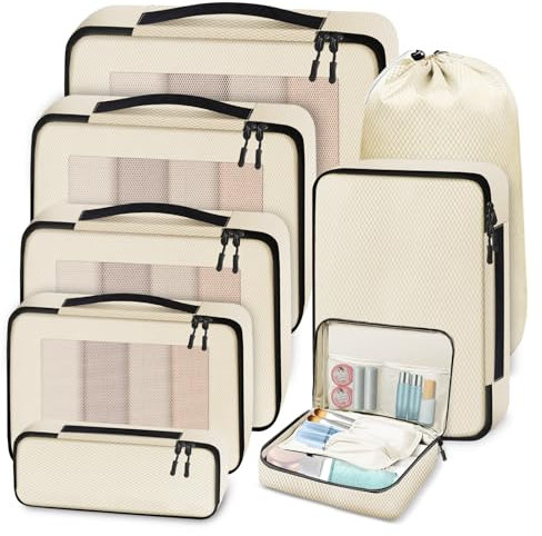 Otauoaea Koffer Organizer Set 8 Teilig - Packing Cubes Reise Zubehör - Travel Organizer Packwürfel Packtaschen für Koffer - Kofferorganizer mit Kleidertaschen, Kosmetiktasche, Schuhbeutel - Beige
