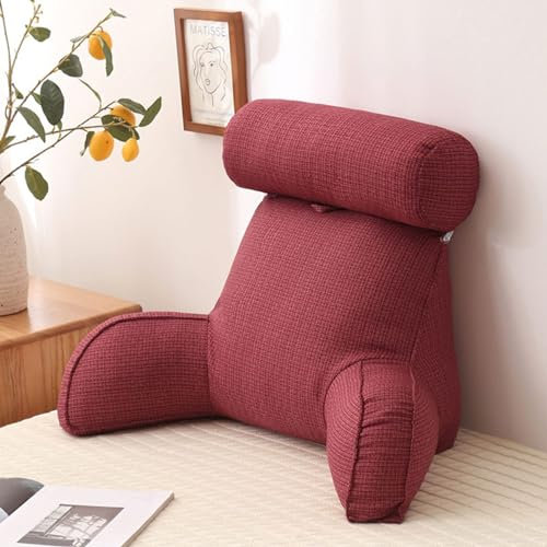 DOKLY Lesekissen mit Armlehnen,Rückenstütze ​Kopfkissen,perfekt zur Rückenstützung beim Entspannen,waschbarem Bezug,mit Abnehmbarer Nackenrolle,Wine Red-75×40×40cm (with Round Pillow)