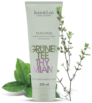 Jean & Len Gel Doccia Tè Verde e Timo, esperienza doccia a pH ideale per la pelle, piacevolmente speziata, arricchita con tè verde ed estratto di timo, vegano, senza parabeni e siliconi, 250 ml