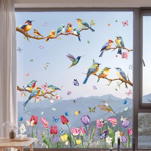 Hianjoo 9 Sheets 76 PCS Tulip Window Clings with Bird Branch Butterfly Double Sided Reusable Spring Holiday Decorations for Room Office
