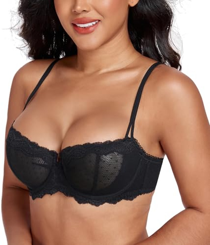 Lemorosy Dirndl-bh för kvinnor med bygel, push-up, spets, balconette, genomskinlig, svart, 70A