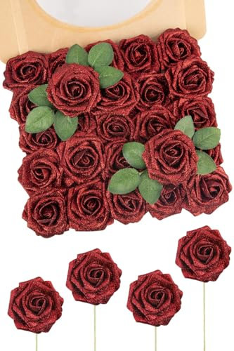 N&T NIETING Artificial Flowers Glitter Rose, 25pcs Fake Roses Flowers with Stems Real Touch Faux foam Roses for Wedding Bouquets Party Baby Shower Home Christmas Decoration(Red)