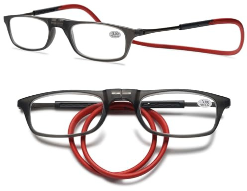 MAGIMODAC Damen Herren Lesebrille Faltbar Magnetverschluss Lesehilfe Sehhilfe Magnetische Lesebrillen mit flexiblem Halteband Grau Rot 1.50